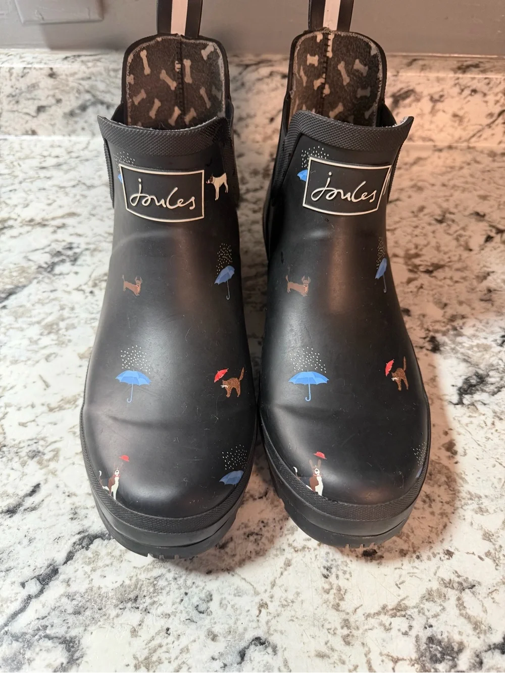 Joules Black Rain Clog Boots with Blue Umbrella & Red Accent Print